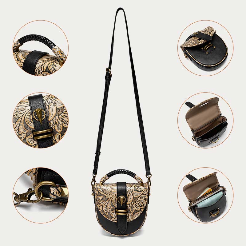 Clamshell Crossbody Bag Vintage Pattern Printing Chic Leather Handbag