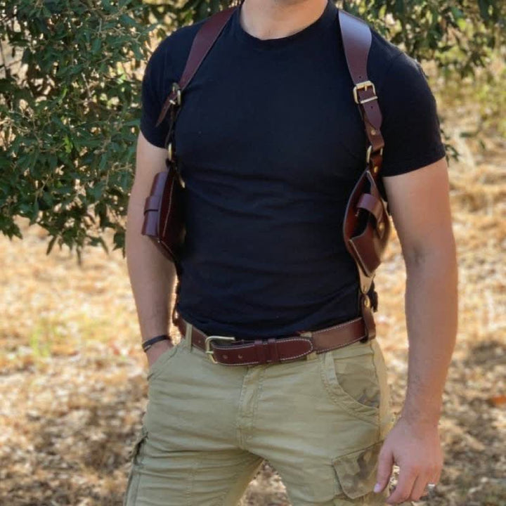 Leather Shoulder Holster Double Pocket Shoulder Strap Vest Pouch Bag