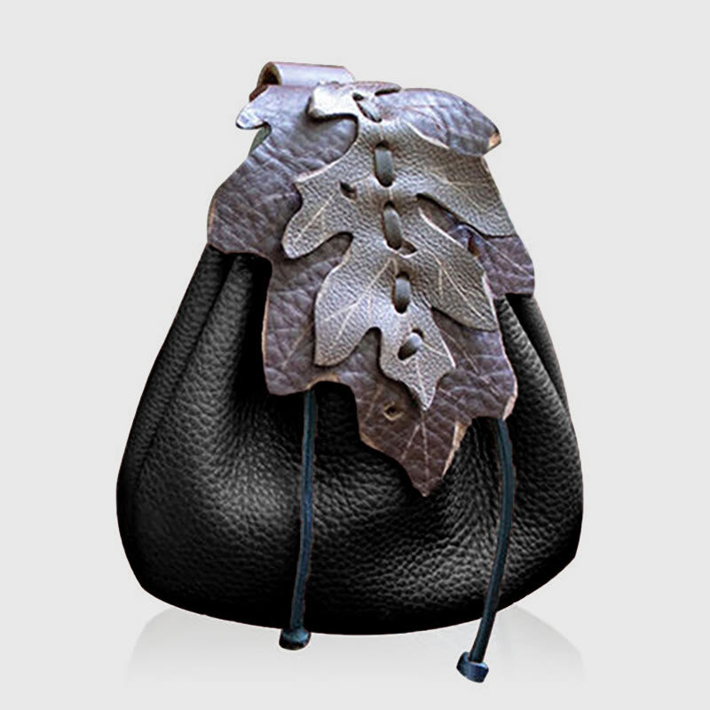 Medieval Crossbody Bag For Women Leaves Pattern Clamshell Drawstring Purse