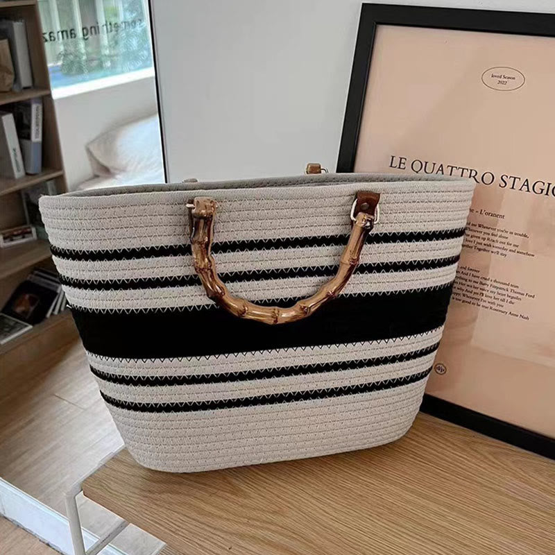 Spring Straw Woven Large Tote Bag for Women with Bamboo Handle