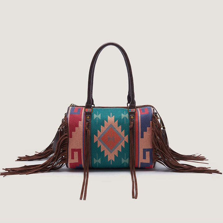 Vintage Hand-woven Boho Tote Tassel Top Handle Satchel with Crossbody Strap