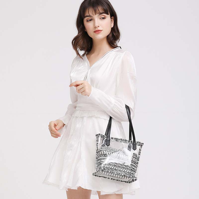 Large Clear Boho Tote Handbag Waterproof PVC Shoulder Bag with Interior Bag