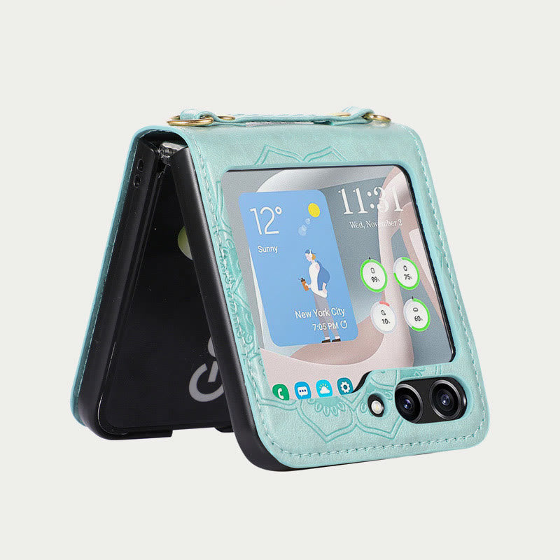 Phone Case For Z Flip5 Flower Pattern Leather Crossbody Case