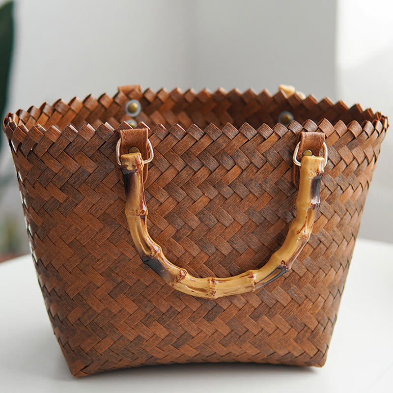 Straw Tote For Women Retro Bamboo Pattern Handle Handbag