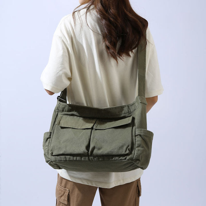 Multi-Pocket Canvas Crossbody Bag For Women Retro Lightweight Shoulder Bag