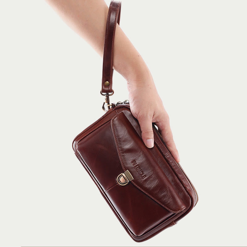 Real Leather Clutch Purse Business Handbag Wrist Bag Fit 7.9" Cellphone