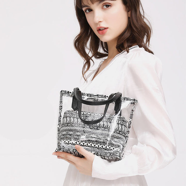 Large Clear Boho Tote Handbag Waterproof PVC Shoulder Bag with Interior Bag