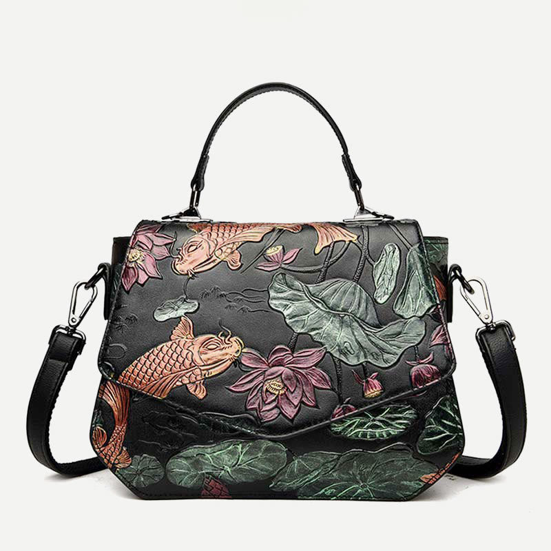 Top-Handle Bag for Women Large Capacity Ethnic Embossed Shoulder Bag - Black - image 0