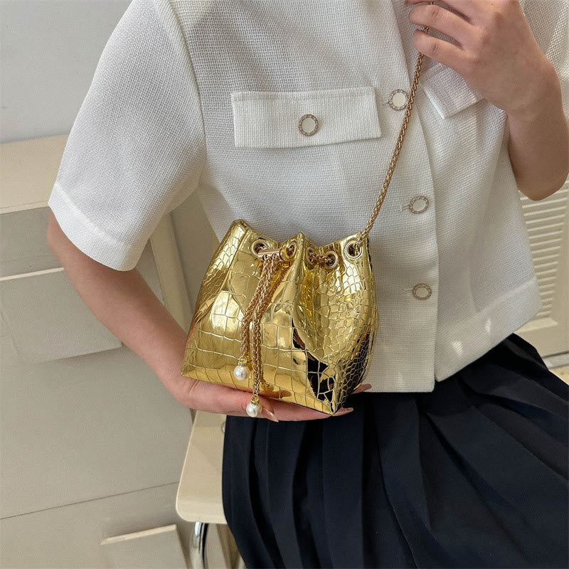 Evening Bag For Party Crocodile Pattern Sparkly Leather Bucket Bag
