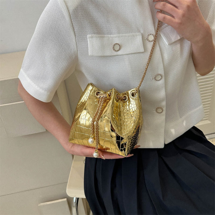 Evening Bag For Party Crocodile Pattern Sparkly Leather Bucket Bag