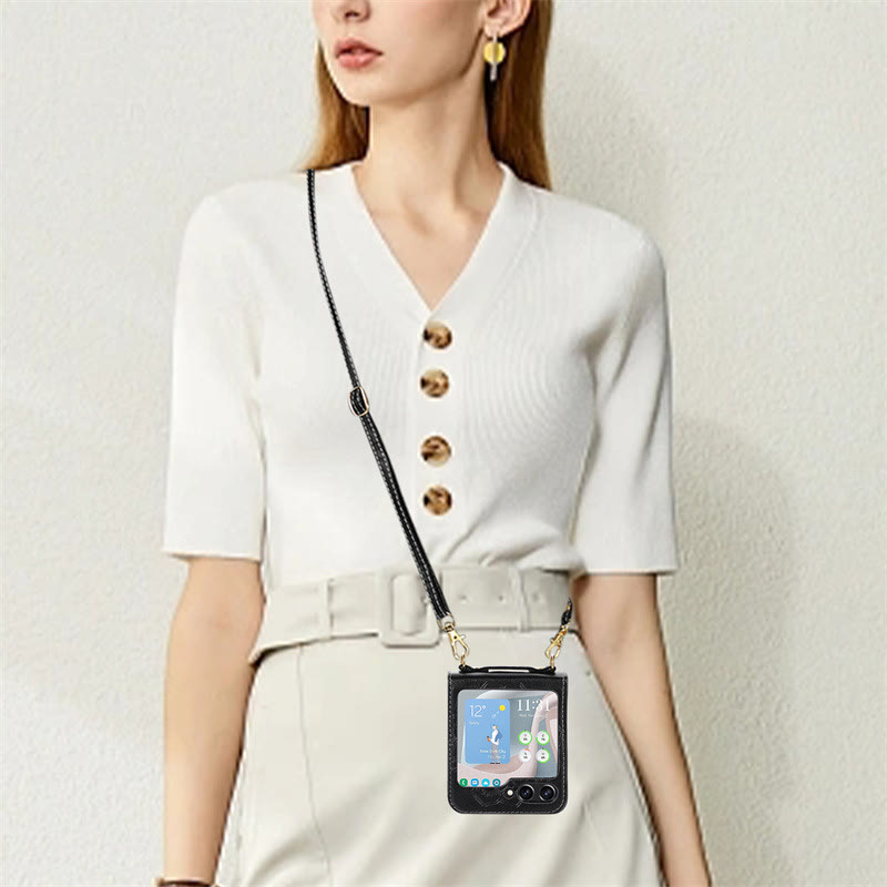 Phone Case For Z Flip5 Flower Pattern Leather Crossbody Case