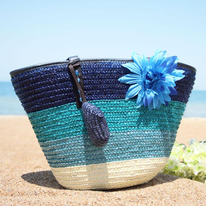 Summer Flower Straw Woven Beach Bag Travel Tote Bag