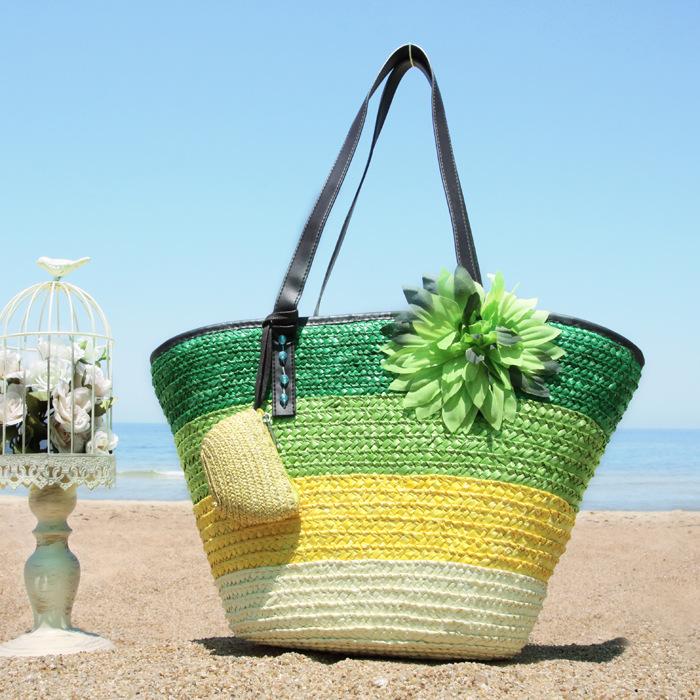 Summer Flower Straw Woven Beach Bag Travel Tote Bag