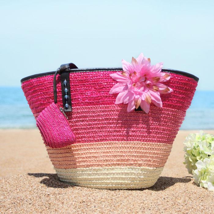 Summer Flower Straw Woven Beach Bag Travel Tote Bag