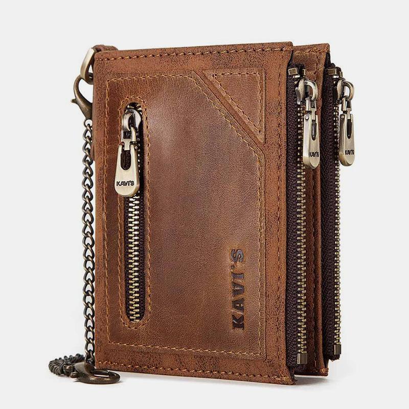 Vintage RFID Genuine Leather Bifold Coin Wallet With Chain
