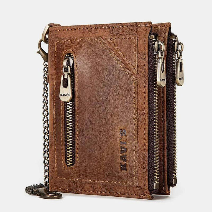 Vintage RFID Genuine Leather Bifold Coin Wallet With Chain
