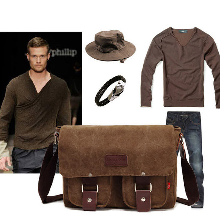 Canvas Messenger Bag for Men Multi-Pocket Vintage Crossbody Shoulder Bag