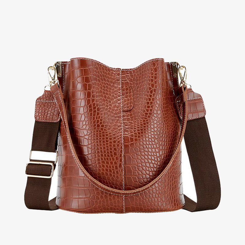 Crocodile Print Leather Cross Body Purse Single Shoulder Bucket Bag - Chocolate - image 0