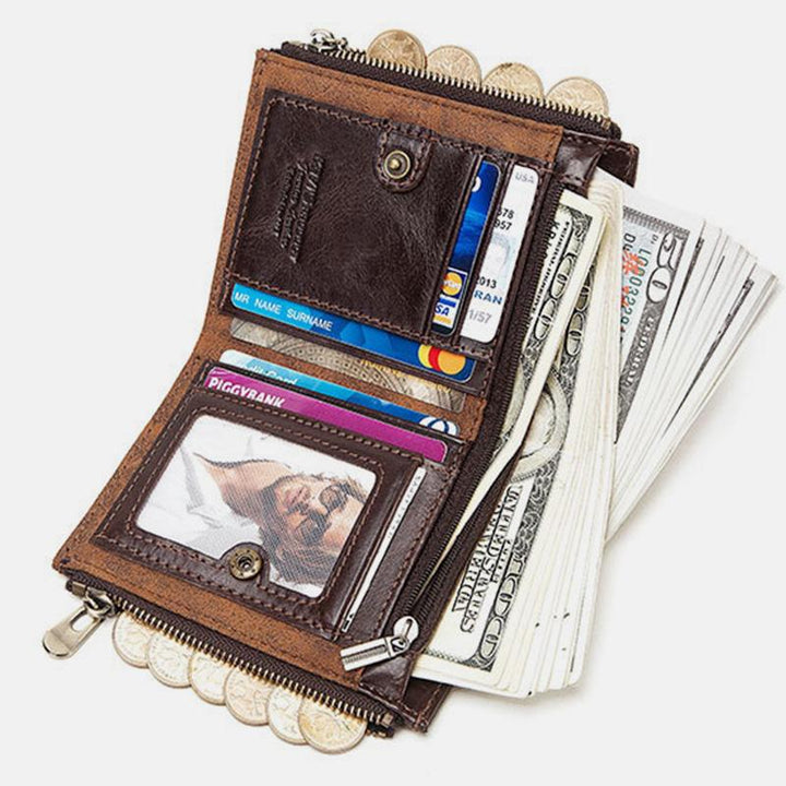 Vintage RFID Genuine Leather Bifold Coin Wallet With Chain