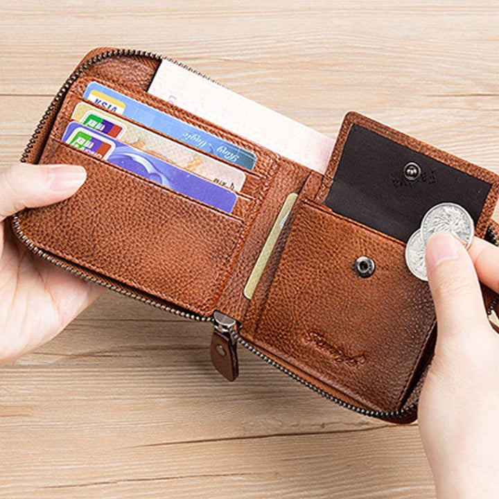 RFID Anti-theft Vintage Genuine Leather Zipper Wallet