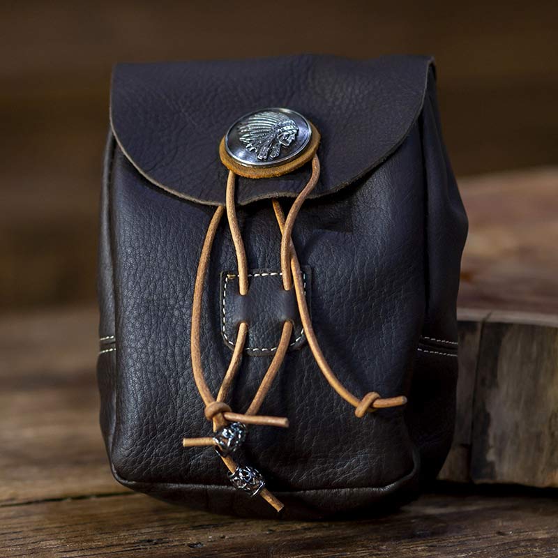 Genuine Leather Drawstring Pouch Purse Waist Bag Portable Wallet Belt Pouch