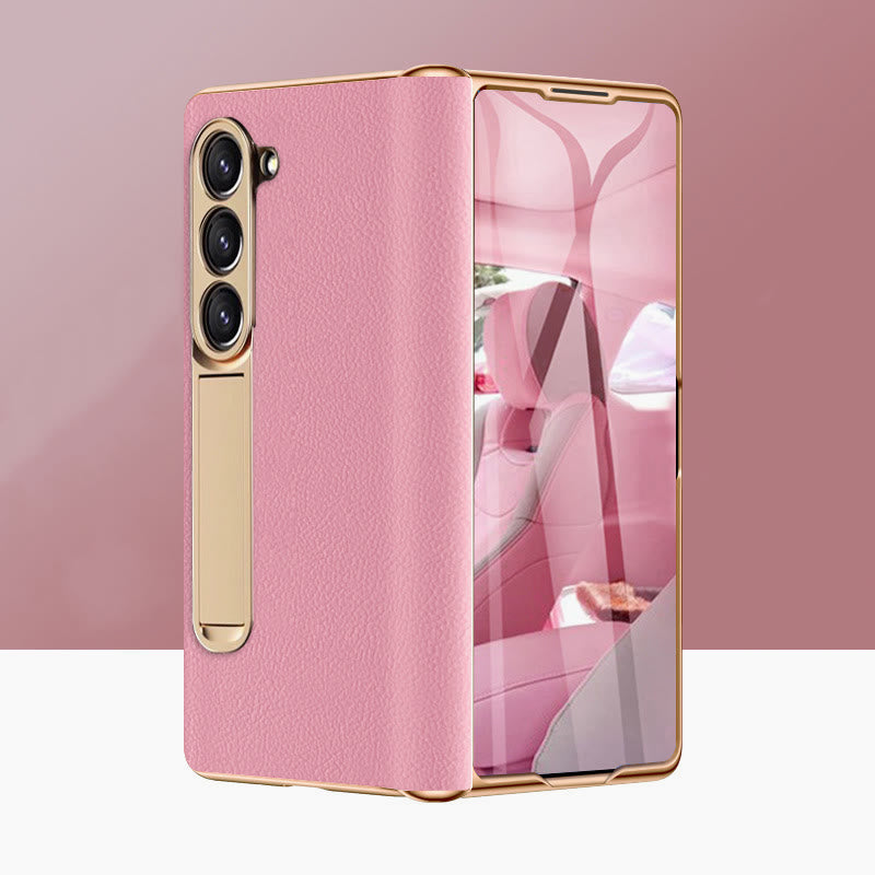 Z Fold 5 Phone Case Leechi Grain Genuine Leather With Screen Film Case