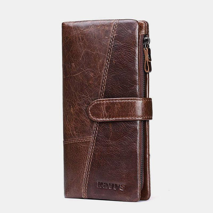 Retro Splicing Long Slim Purse Real Leather Trifold Wallet