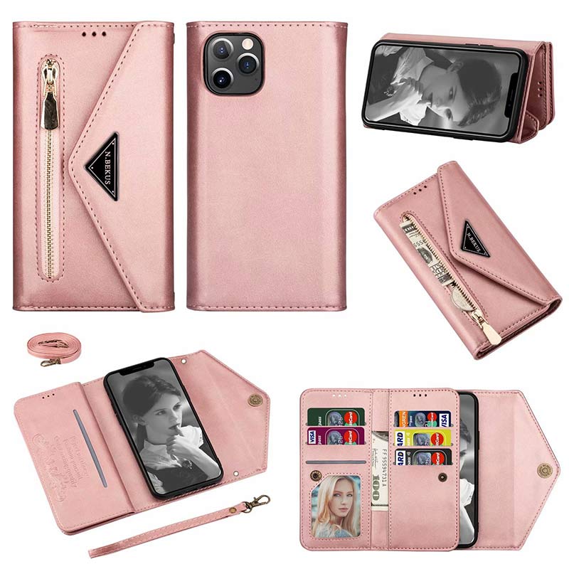 Zipper Leather Wallet Case Phone Cover with Shoulder Strap for iPhone