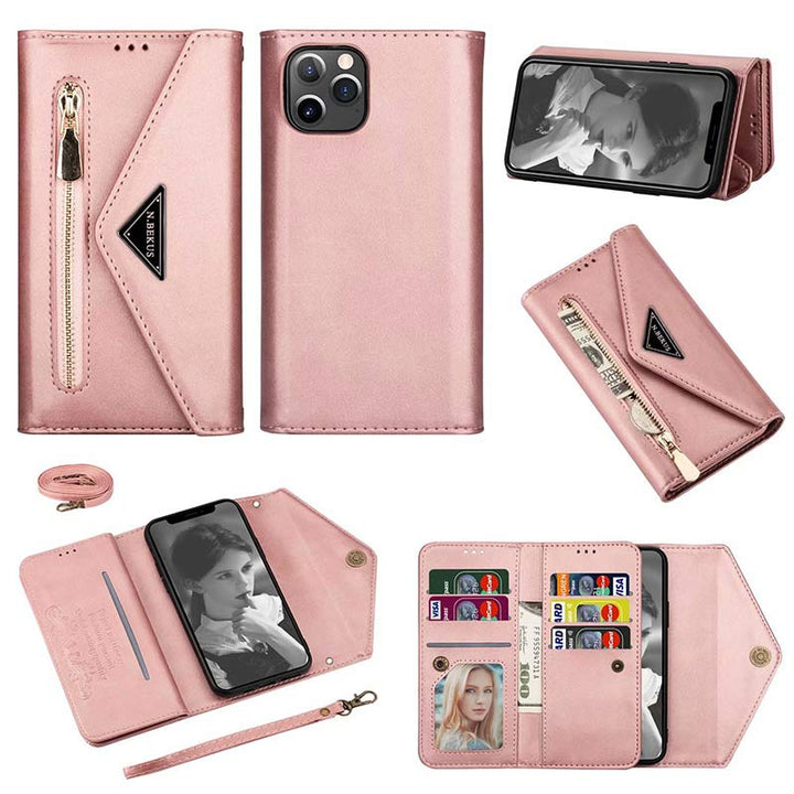 Zipper Leather Wallet Case Phone Cover with Shoulder Strap for iPhone