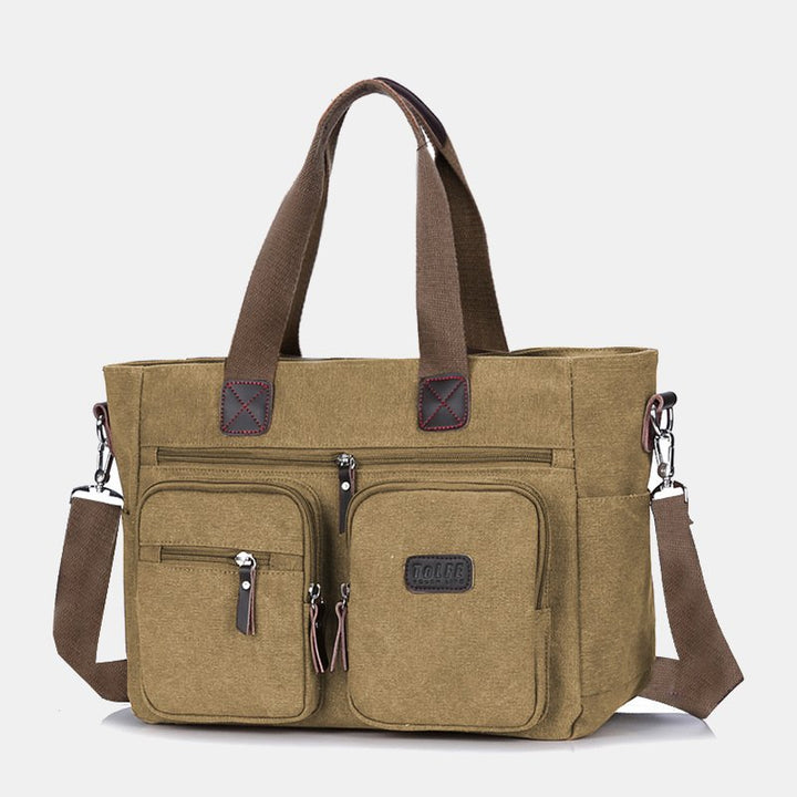Multi-Pocket Tote Handbag for Women Men Retro Canvas Laptop Bag