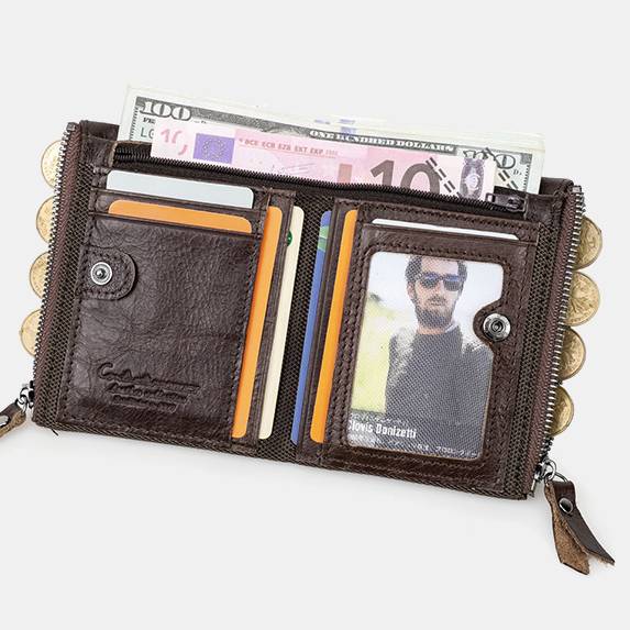 Multifunctional Genuine Leather Double Zipper Wallet