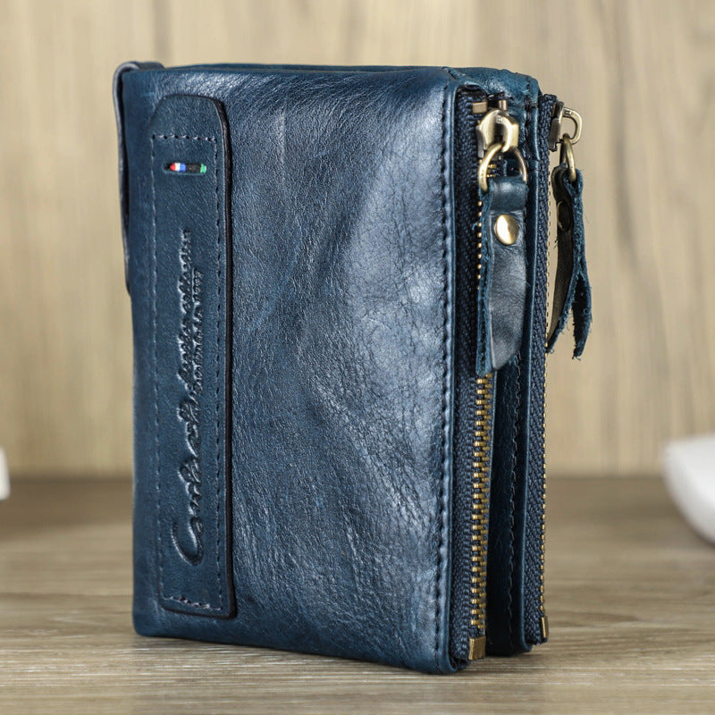 Multifunctional Genuine Leather Double Zipper Wallet - DarkBlue - image 0