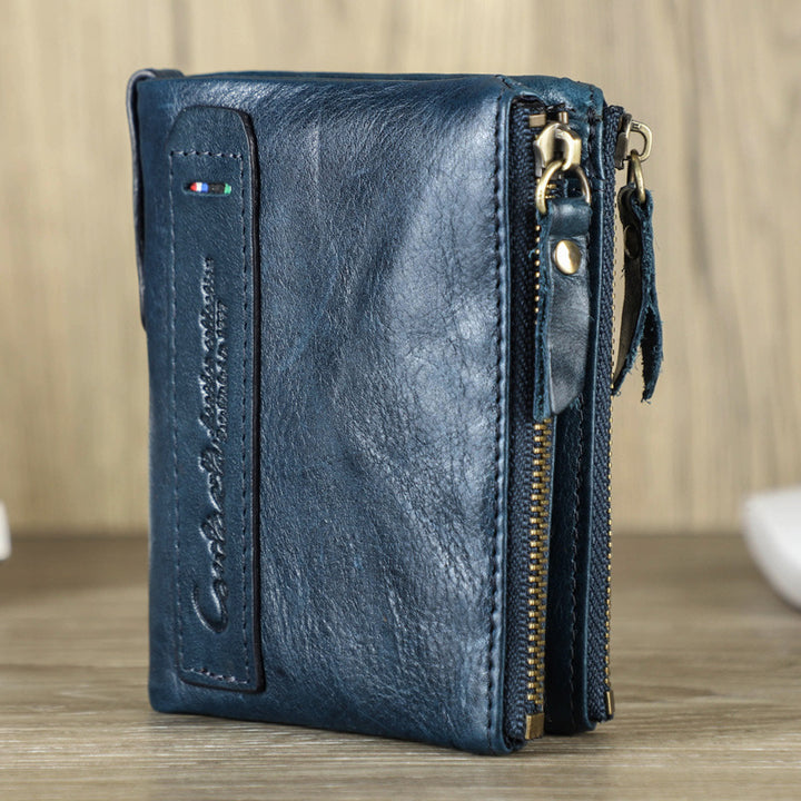 Multifunctional Genuine Leather Double Zipper Wallet - DarkBlue - image 0
