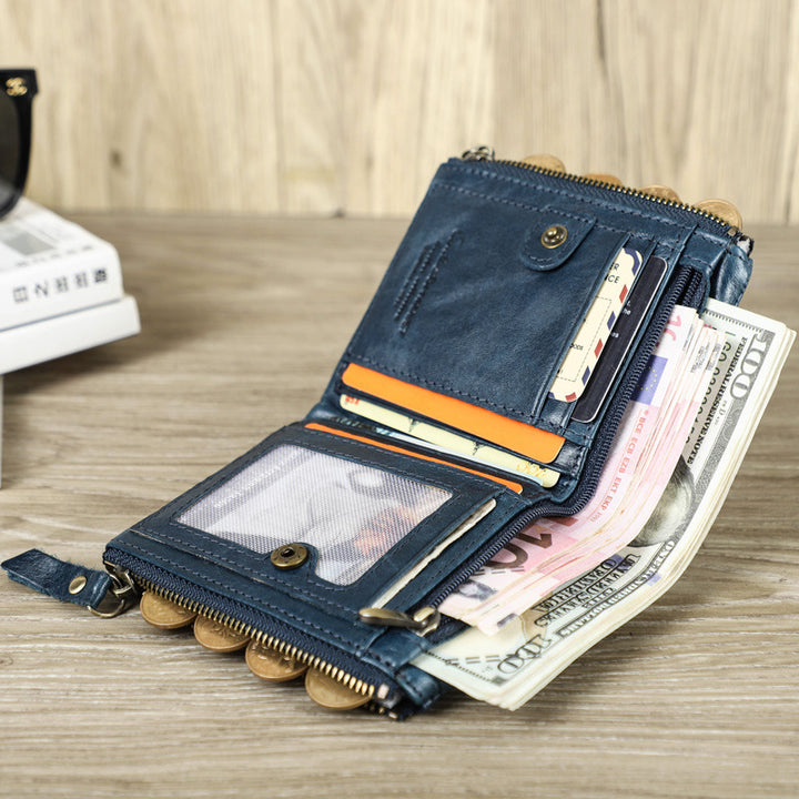 Multifunctional Genuine Leather Double Zipper Wallet