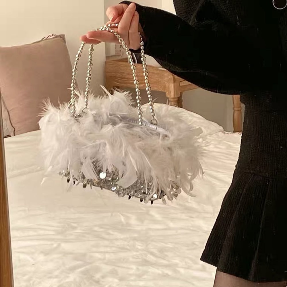 Sequin Feather Evening Bag For Party Lady Underarm Bag