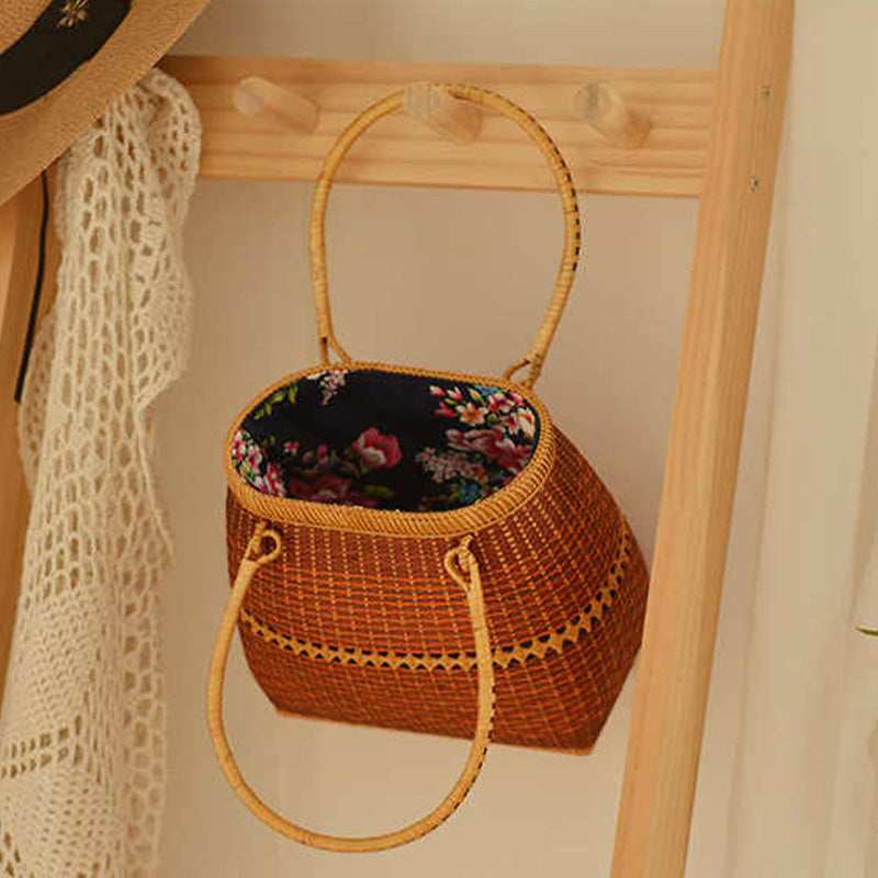 Bamboo Handbag Straw Woven Rattan Purse Basket Bag For Women