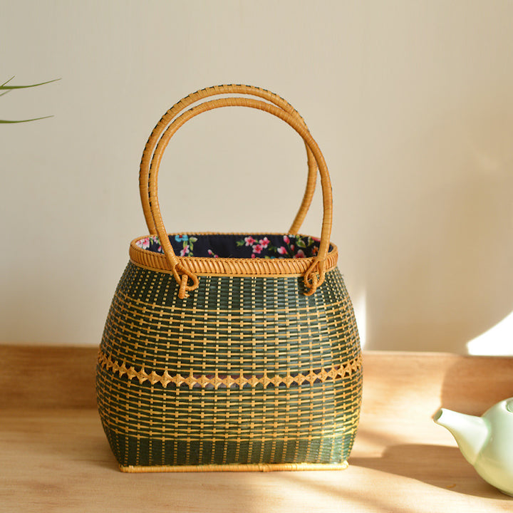 Bamboo Handbag Straw Woven Rattan Purse Basket Bag For Women