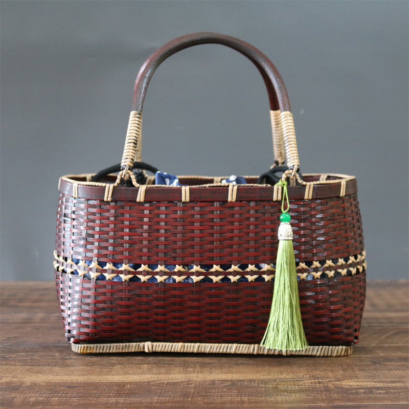 Retro Basket Bag Bamboo Strips Woven Purse Straw Handbag