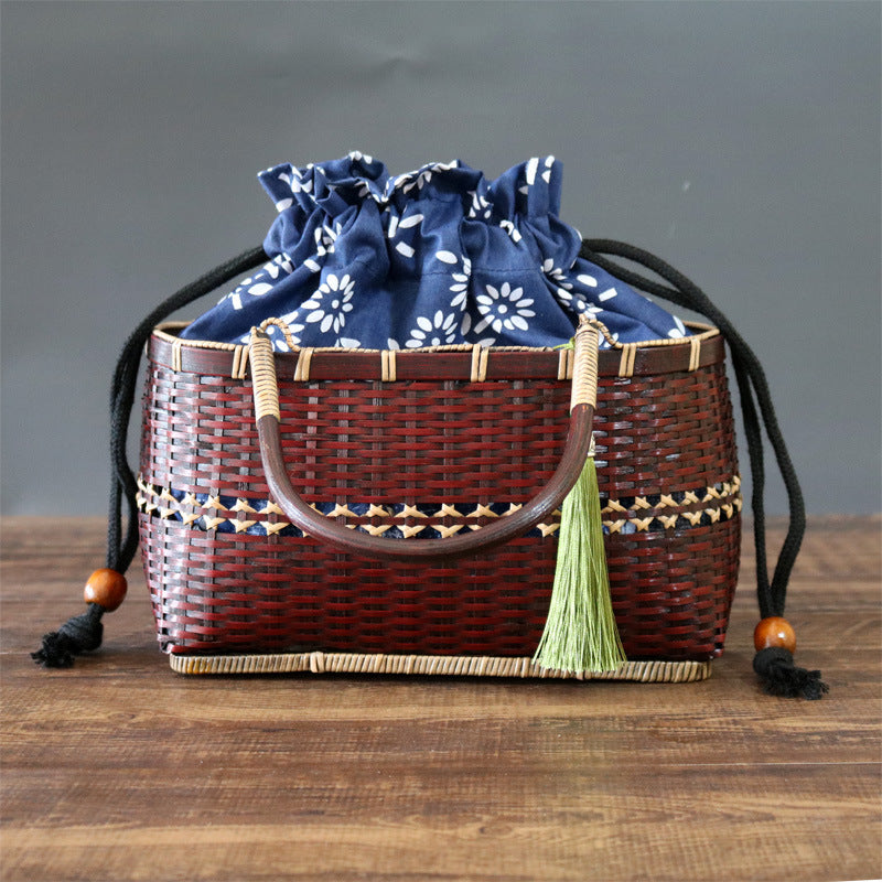 Retro Basket Bag Bamboo Strips Woven Purse Straw Handbag