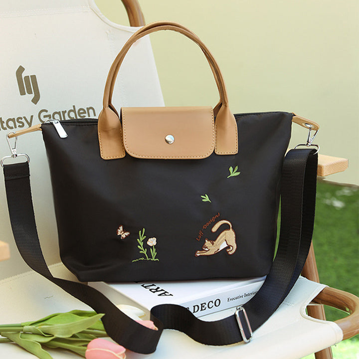 Classic Tote For Women Cute Embroideried Cat Nylon Crossbody Bag
