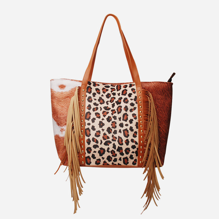 Large Capacity Tassle Handbag Leopard Print PU Tote For Women