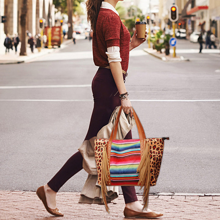 Large Capacity Tassle Handbag Leopard Print PU Tote For Women
