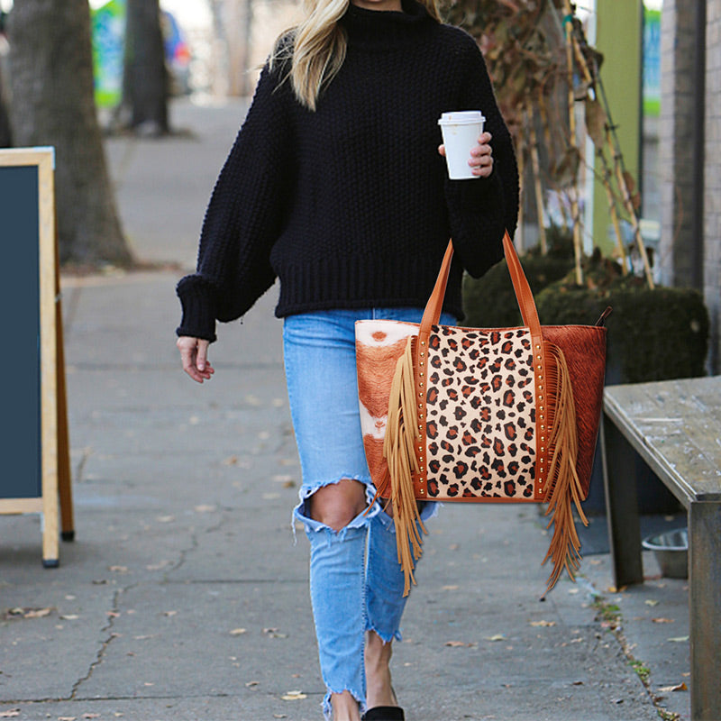 Large Capacity Tassle Handbag Leopard Print PU Tote For Women