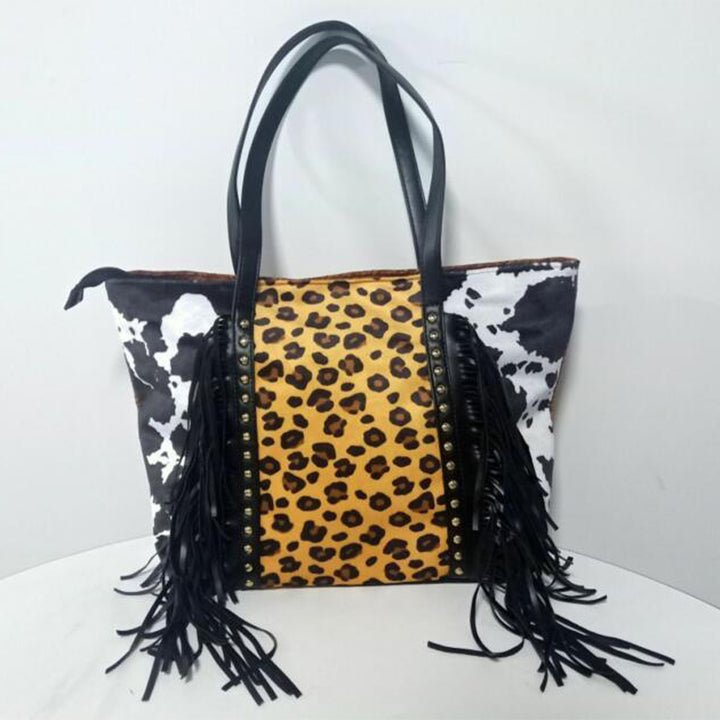Large Capacity Tassle Handbag Leopard Print PU Tote For Women