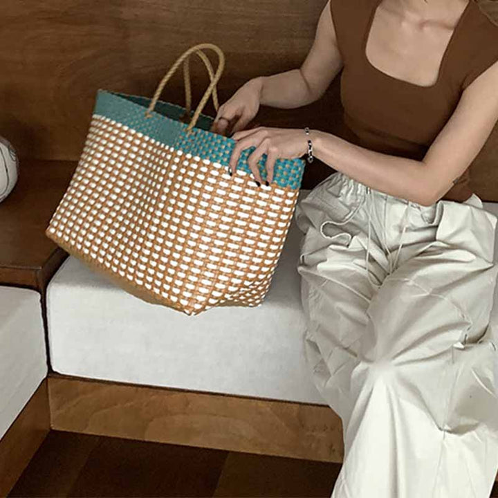 Large Tote For Women Holiday Color Matching Straw Beach Bag