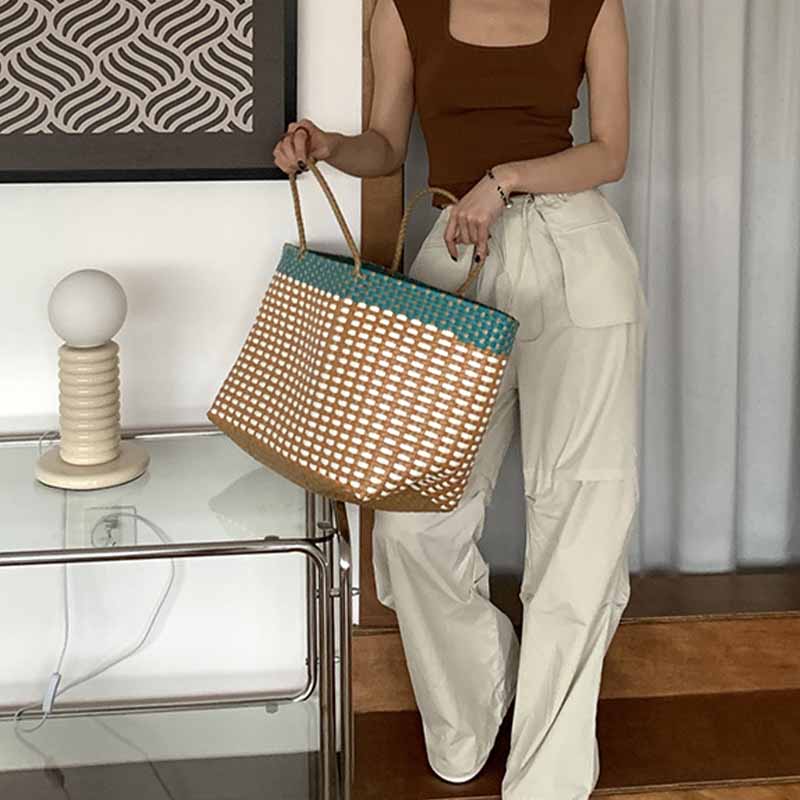 Large Tote For Women Holiday Color Matching Straw Beach Bag