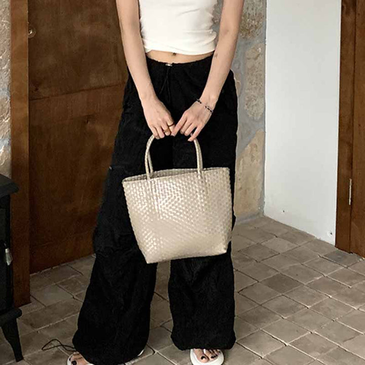 Solid Color Straw Tote For Women Holiday Beach Handbag