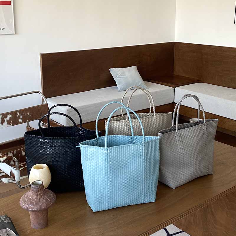 Solid Color Straw Tote For Women Holiday Beach Handbag