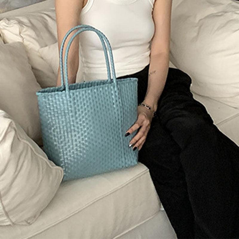 Solid Color Straw Tote For Women Holiday Beach Handbag