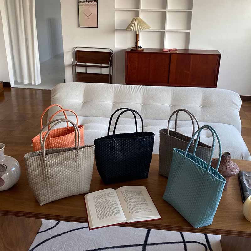 Solid Color Straw Tote For Women Holiday Beach Handbag